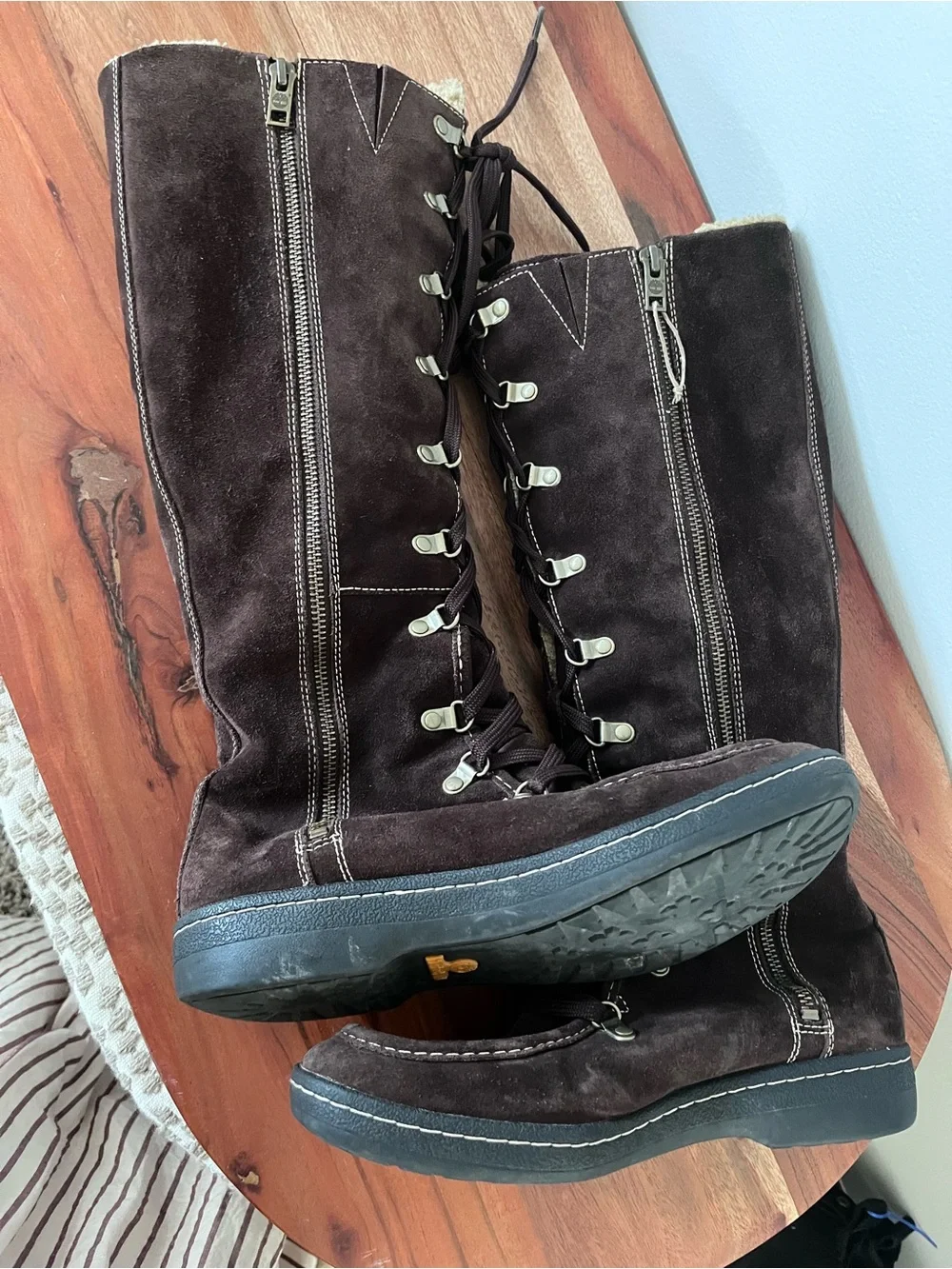 Timberland Women Brown Suede Lace Up Tall Winter Boots 8.5 64621 Shearling Lined